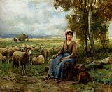 Shepherdess Canvas Paintings - Shepherdess Watching Over Her Flock